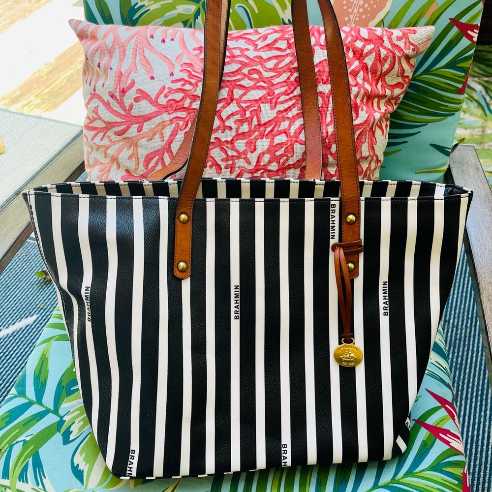Brahmin Black and White Vertical Stripe Tote